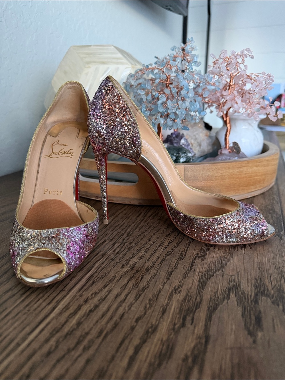 Christian Louboutin Multicolor Glitter Peep-Toe Stiletto Pumps